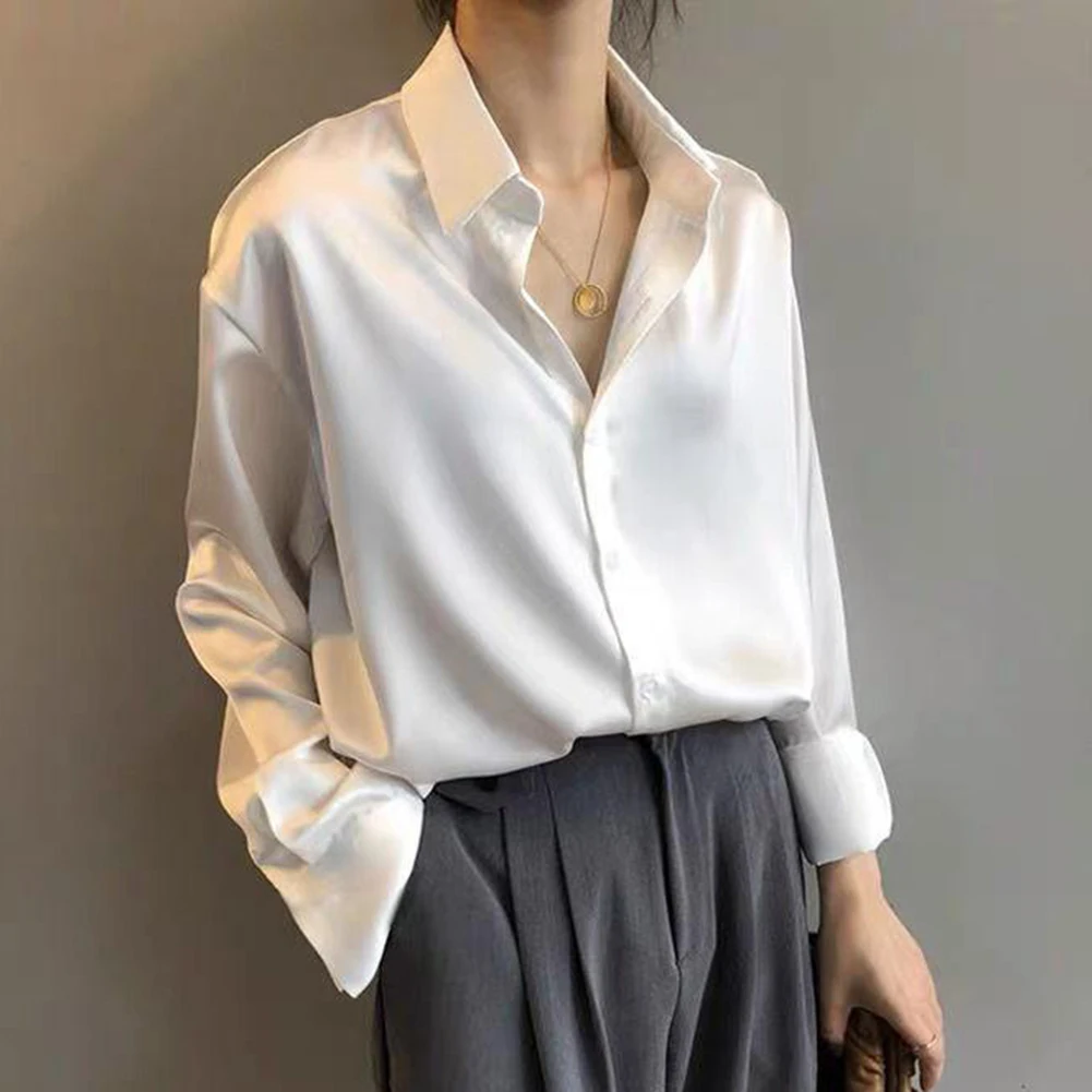 

Retro Women Spring Autumn Satin Silky Shirts Blouse Solid Color Ladies Long Sleeves Loose Lapel Shirt Tops Streetwear