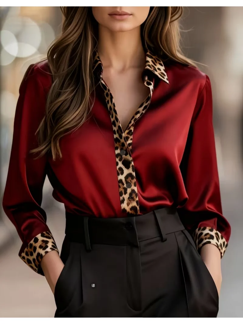 חולצת שרוול ארוך אלגנטית עם כפתורים וצווארון מודפס בעיצוב נמר, חגורות ופלטה, חולצה מתרחבת