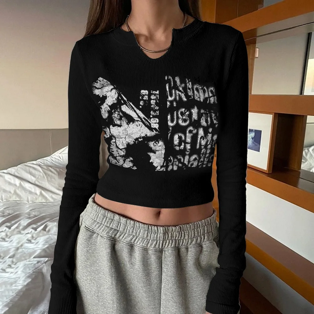 Ci Ropa Ropa-de-calle-de-manga-larga-Top-corto-Grunge-camiseta-Vintage-con ...