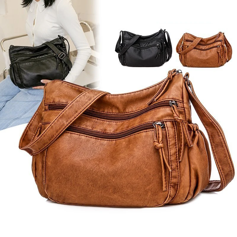 

Женская сумка из мытой искусственной кожи, винтажная сумка на плечо 2023, универсальные черные и коричневые вместительные косые сумки для пеленания с креплением