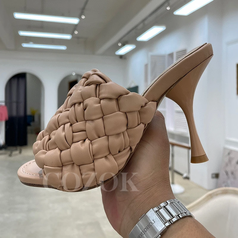 

Candy Color Ladies Slippers Summer New Handmade Weave Upper Design High Heel Sandal Genuine Leather Material Female Pumps 35-41