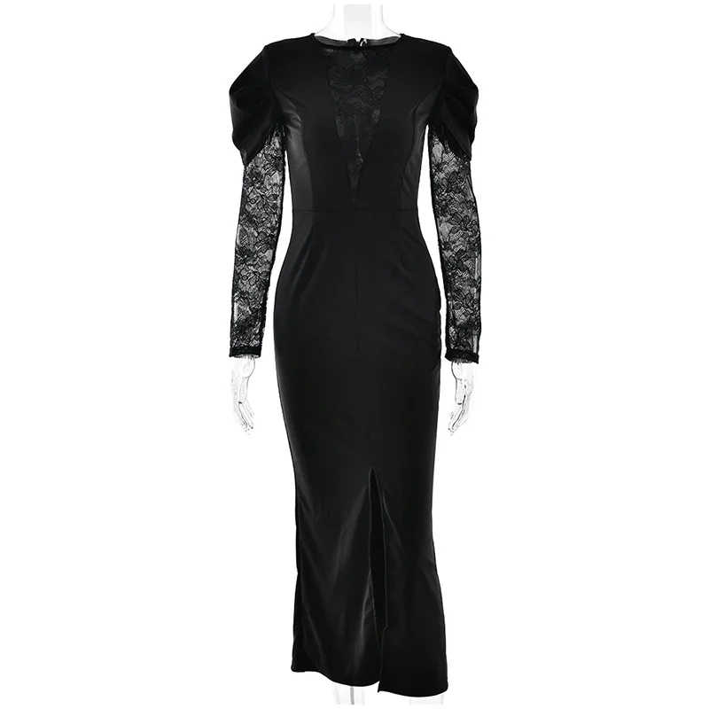 Sexy V-ausschnitt Spitze Patchwork Schlitz Langes Kleid Frauen Solide Volle Hülse Hohe Taille Schlank Perspektive Roben Dame Abend Party Kleider – Detail 8