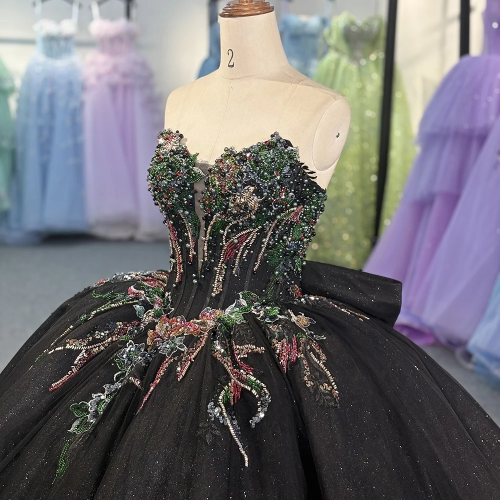 Schwarzes wunderschönes mehrfarbiges bedrucktes Quinceanera-Kleid mit Schleife, Perlenstickerei, abnehmbaren Ärmeln, Sweet 16, Vestidos De 15 Anos DY6804 – Detail 8