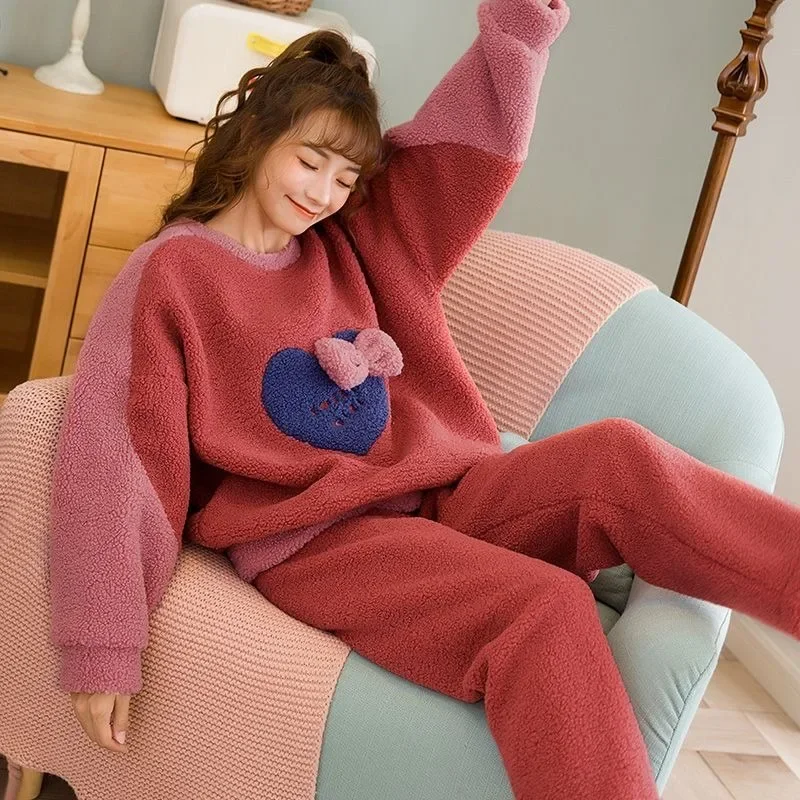 Winter New Women Sleepwear Thickened Plush Loungewear Coral Velvet Double-sided Lamb Down Warm Female Flannel Homewear Set 2024