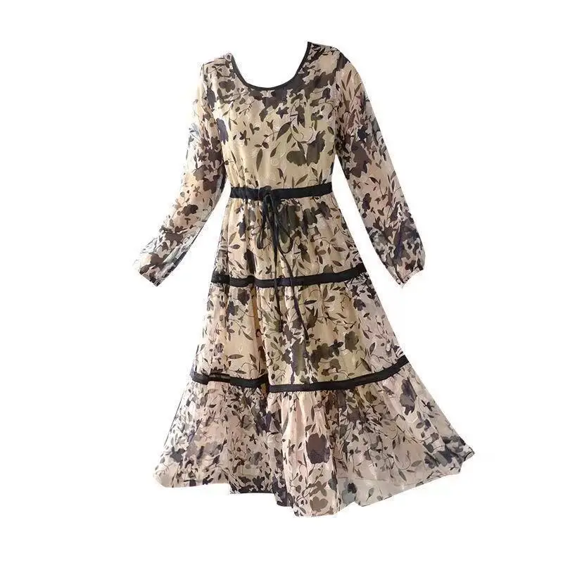 Elegant Vintage Ladies Printed Dresses Long Sleeve Spring Autumn Loose Fashion Lace Up Spliced Midi Party Dress Women\'s Clothing