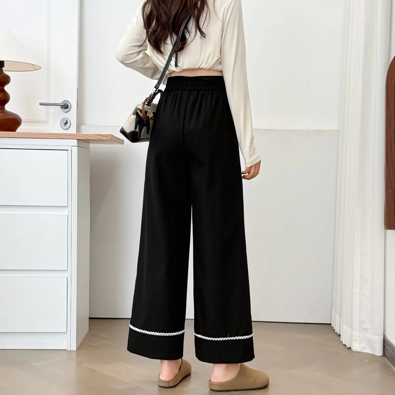 Fashion Plus Size Women's Straight Leg Pants 2025 Autumn New Style Simple Lace Patchwork Casual Ankle Length Trousers 6019