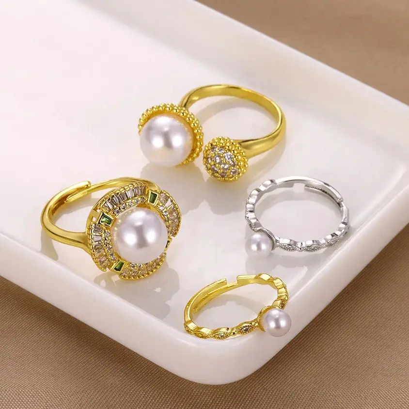 Zircon Pearl Stainless Steel Open Rings For Women