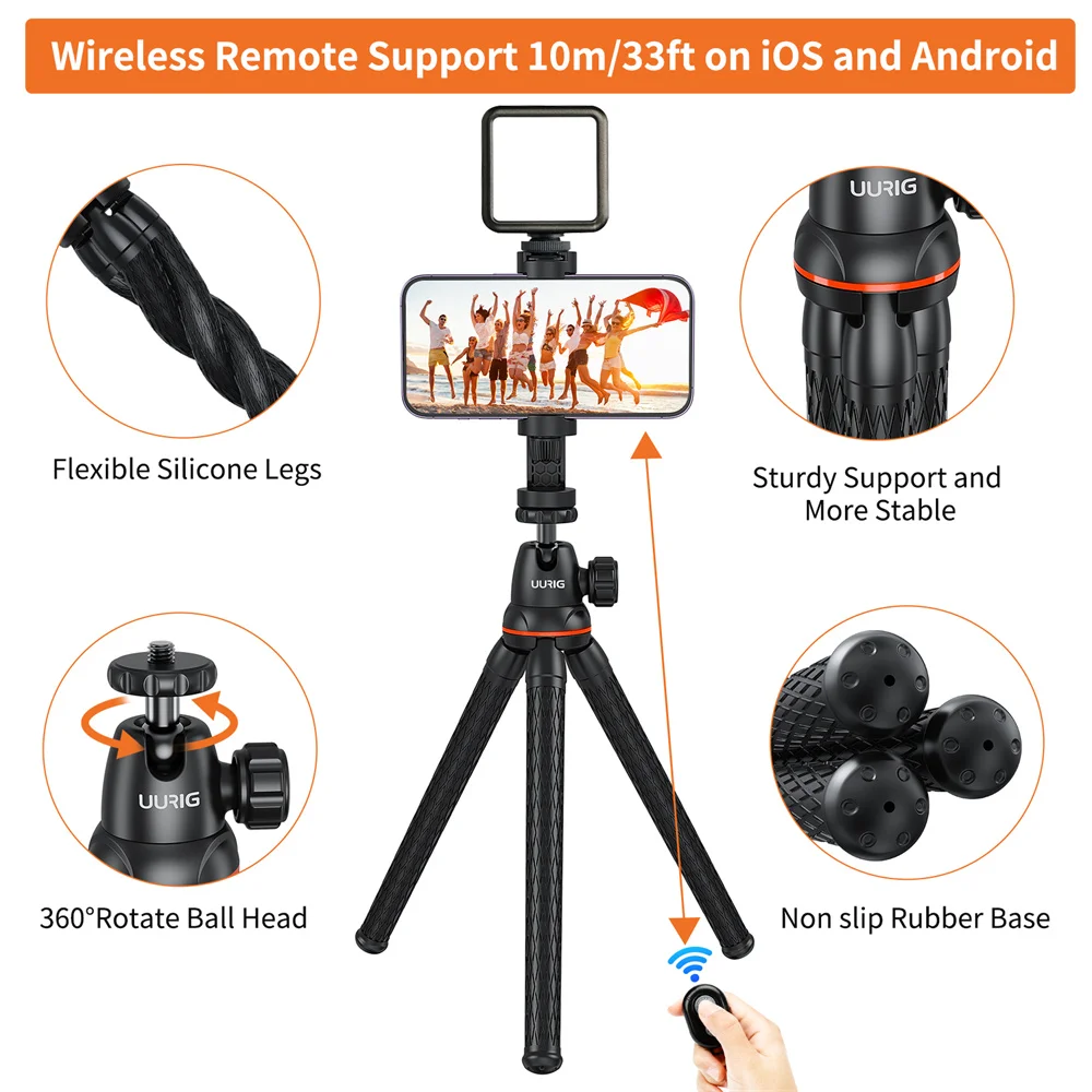 UURIG Octopus Flexible Tripod For Phone SLR DSLR Gopro Camera Tripod Extend 1/4'' Screw With Ballhead ColdShoe Phone Clip Remote