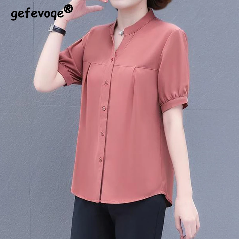 

Women's Korean Fashion Ruffled Button Up Shirt Elegant V Neck Short Sleeve Chiffon Blouse Casual Solid Loose Tops Female Blusas