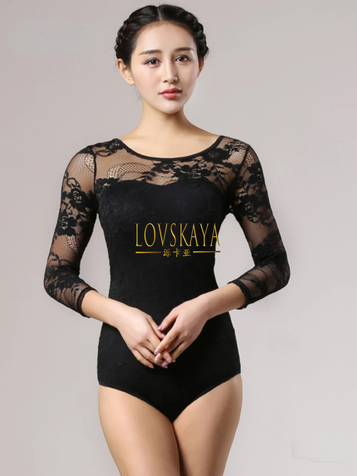 

National standard dance long sleeved round neck training jumpsuit with chest pad adult Latin dance top