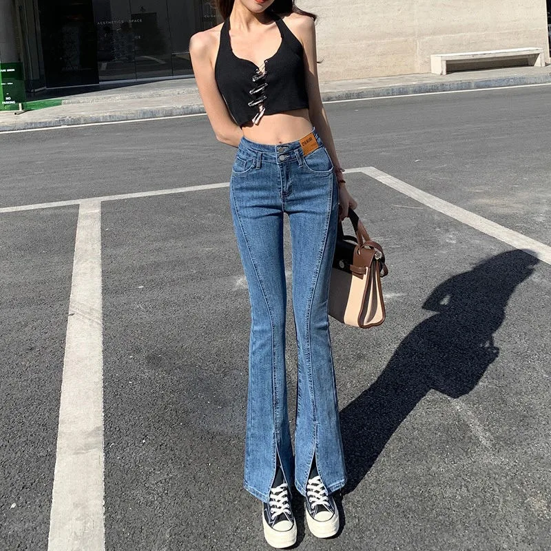 Women Jeans Pants with Slit 2023 Flare Wide Leg Solid Pants Bell Bottom Joggers Zipper Long Trousers Elastic High Waist OL