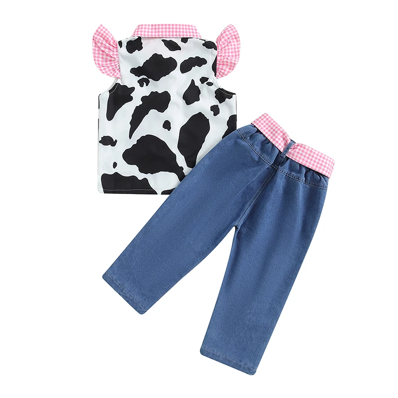 Focus norm 1-6y Mode kleine Mädchen 2pcs Western Kleidung setzt Rüschen Fliegen ärmel Kuh Print Shirt Denim Gürtel Hose – Detail 5