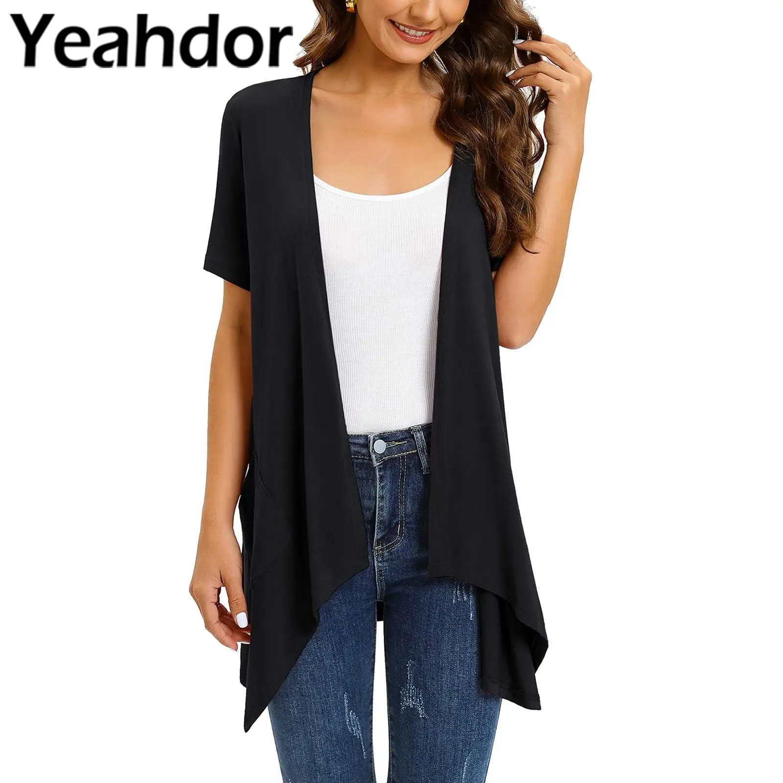 

Womens Solid Color Cardigan Short Sleeve Open Front Asymmetrical Hem Bolero Outerwear Shrug for Beach Office Casual