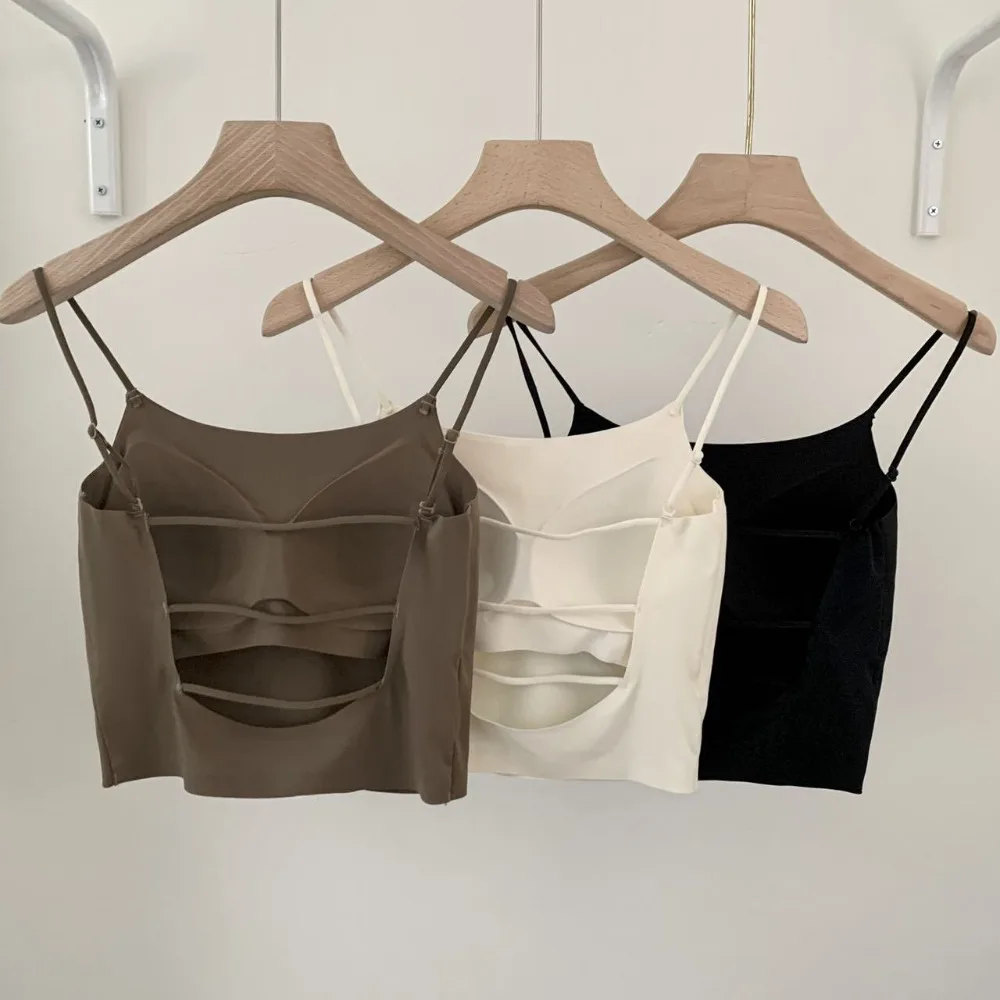 

Trendy Women's Camisole Fixed Cup Sexy Back Hollowed Out Tank Top with Breast Pads Ice Silk Chest Wrapping Summer