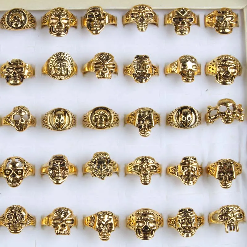 

20pcs/lot Man Gold Skull Ring Multi-styles Mix Punk Skeleton Women Rings Gift Men's Rocker Cool Ring Boy's Unique Gothic Jewelry