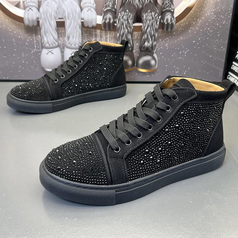 

men's fashion cow suede leather rivets boots black white rhinestone shoes party nightclub dress flats platform ankle botas mans