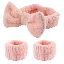 Luxurious Coral Fleece Headband & Absorbent Wristband Set (Pink)
