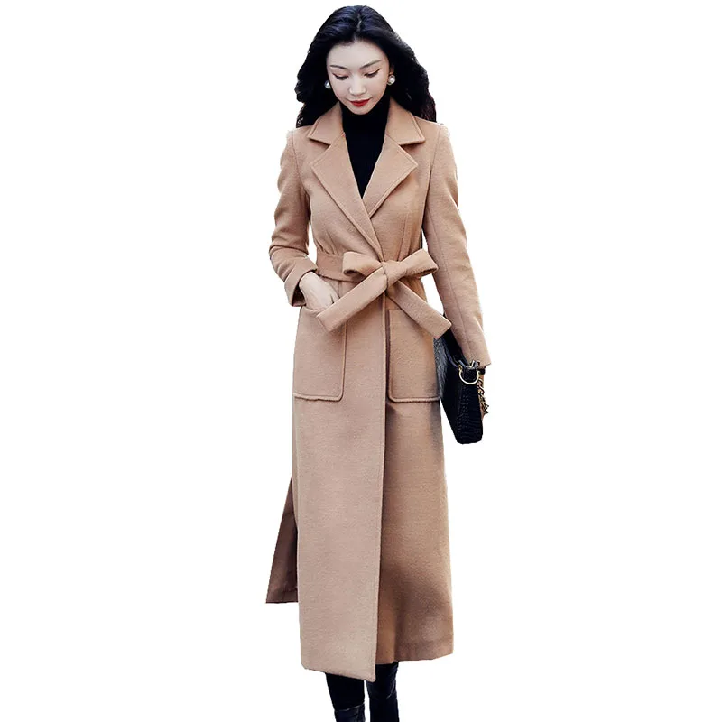 

New Women Elegant Plus Size Slim Long Woolen Trench Coat Autumn Winter Goddess Fashion Street All-match Woolen Coats Female F226