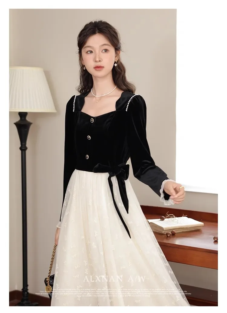

Slim Knit Dress Female Stitching Fake Two Pieces Gentle Mesh Dress Elegant Vintage Autumn and Winter French Style Dress