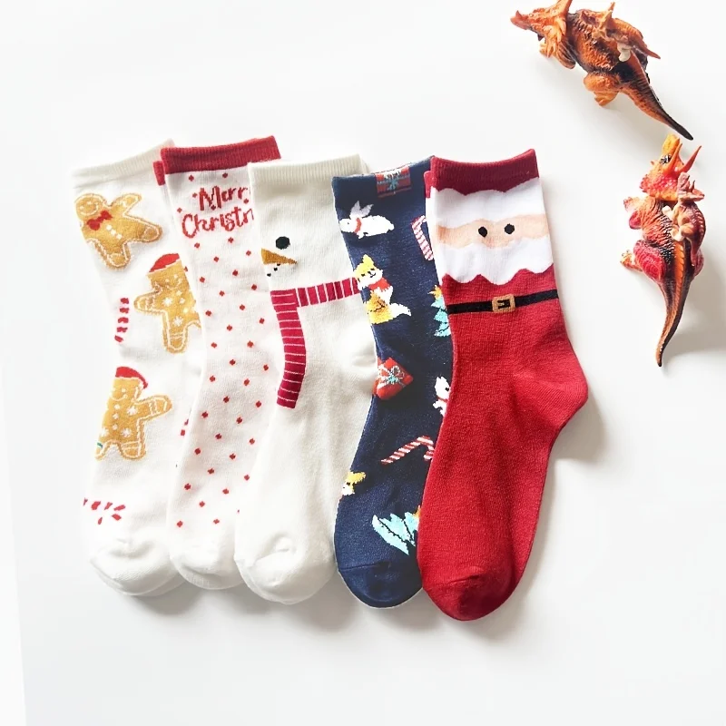 

5 Pairs of Christmas Printed Socks, Comfortable and Cute Cartoon Medium Length Socks