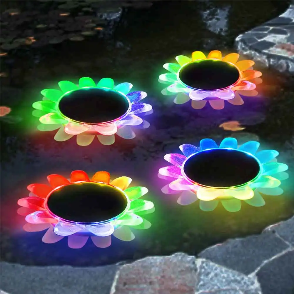 해바라기 꽃잎 모양 플로팅 라이트 태양광 7가지 RGB 색상 밝기 조절 플래시 속도 조절 가능 수영장 스파에 적합