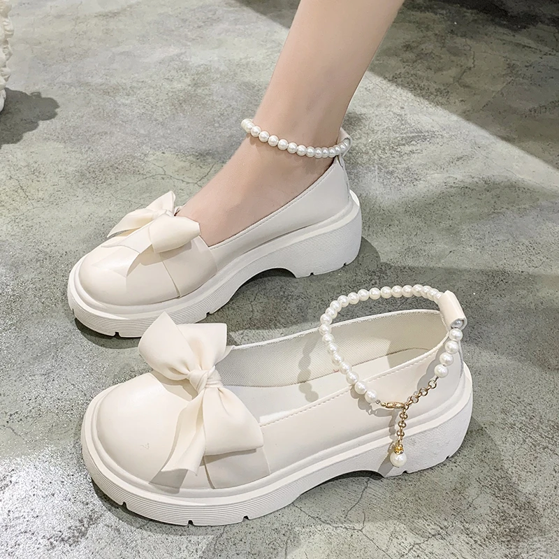 

Женские туфли мэри джейн в японском стиле, белые, черные туфли на среднем каблуке 5 см с жемчужным бантом, милая Студенческая обувь в стиле "Лолита", 2023
