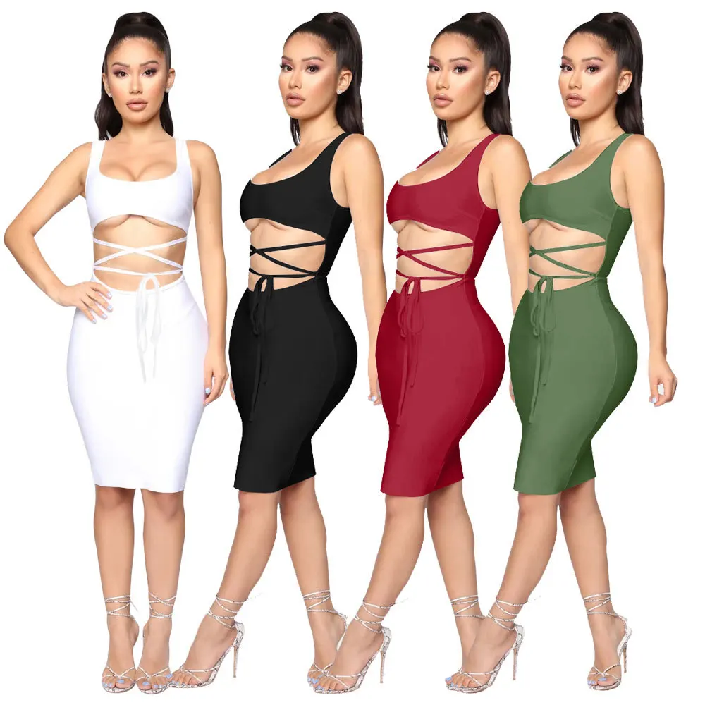 

2022 Summer Nightclubs Sexy Tight Lace Up Women's Hollow Bodycon Dresses Mujer Vestido
