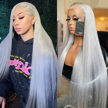 13x6 Silver Grey Straight Lace Front Human Hair Wigs Pre Plucked 613 Blonde Body Wave Frontal Wigs For Women Brazilian Hair Wigs 1
