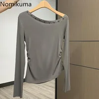 T-shirt noir pour femmes, vêtements à épaules dénudées, tunique à rivets, col Slash, Y2k, hauts coréens, Chic et Sexy, 2025 2