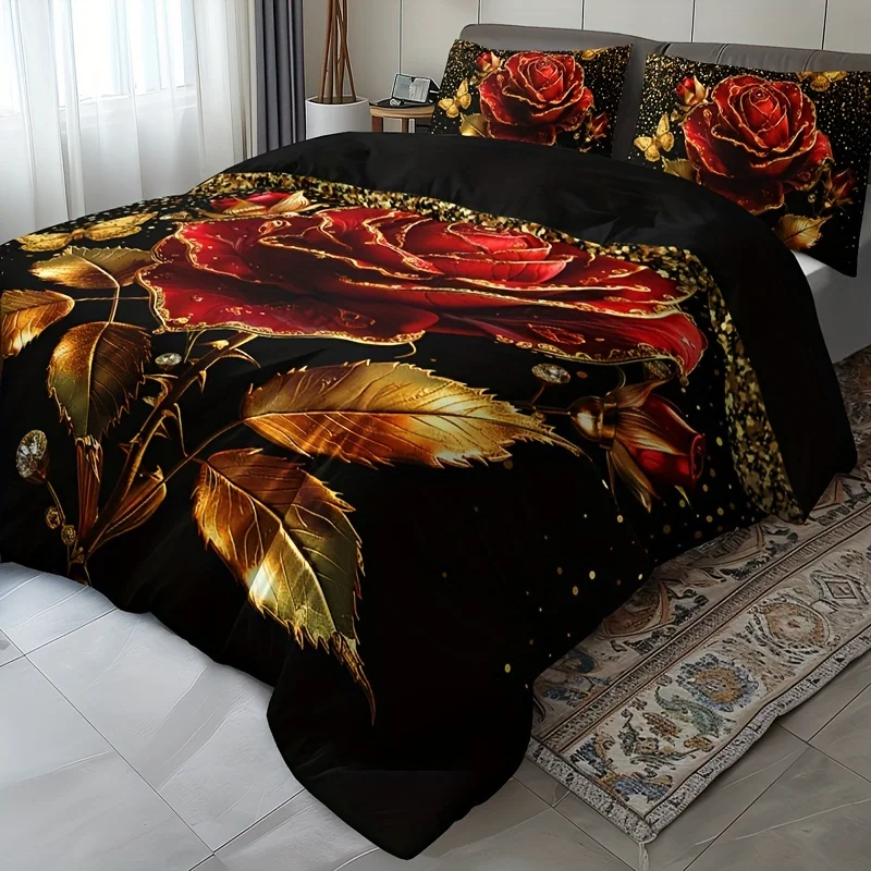3pcs Luxurious Golden Rose Duvet Cover Set - Includes 1 Duvet Cover & 2 Pillowcases, Breathable Polyester