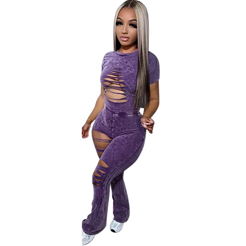 

European And American Women's Clothing 2023 Summer New Wash Water Burn Flower Hole Short Sleeved Top Long Pants Casual Set