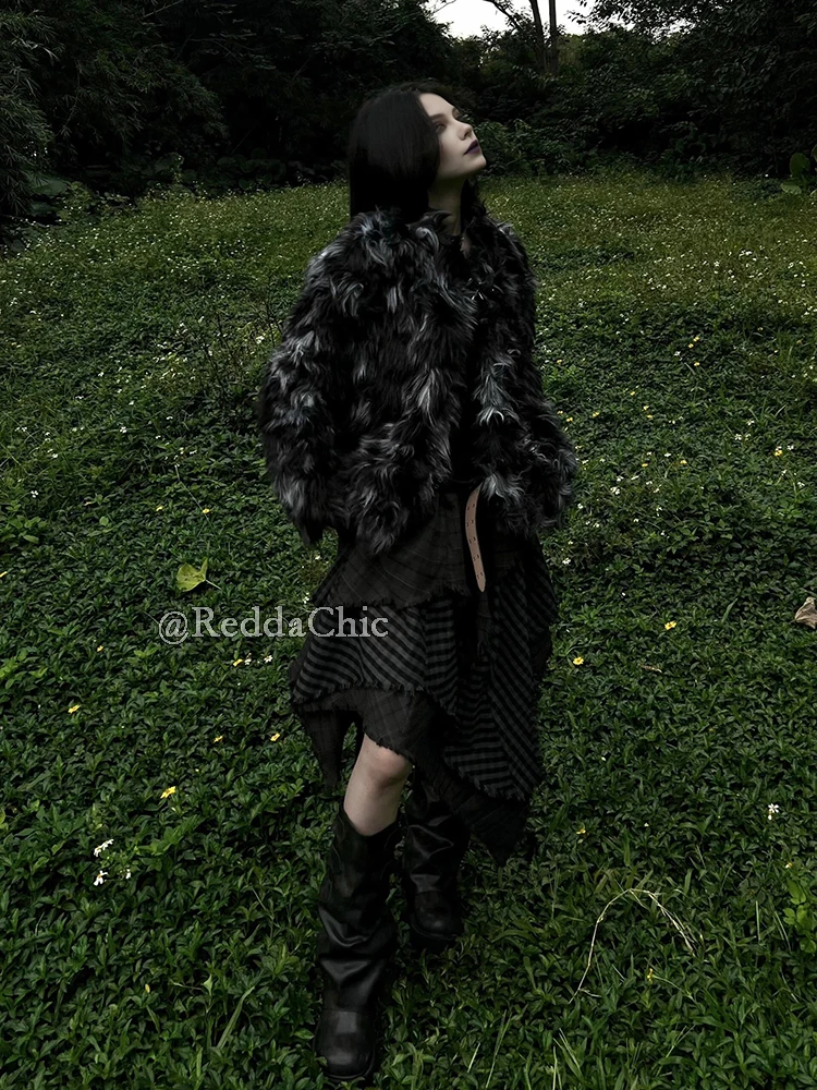 ReddaChic Alt Goth Contrast Plaid Skirt Grunge Retro Elastic Waist Raw Edge Irregular Ruffle Long Skirt Plus Size Women Clothes