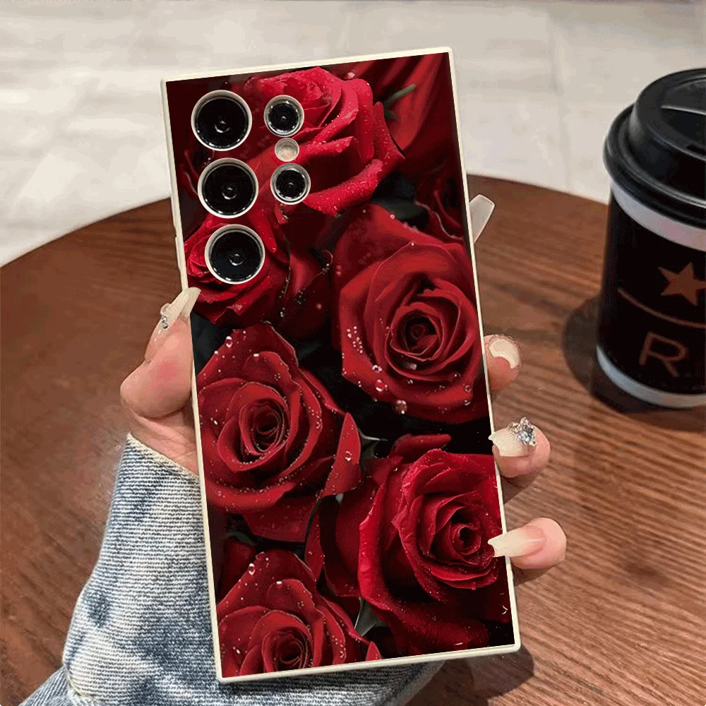 Elegant Red Rose Dew Drop Design Soft TPU Slim Fit Shockproof Phone Case