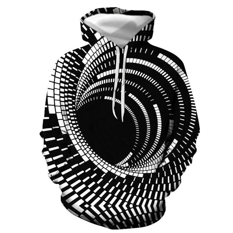 Black and white Vertigo men's hooded sweatshirt 3D printed pattern street pullover long sleeved sportswear for all seasons