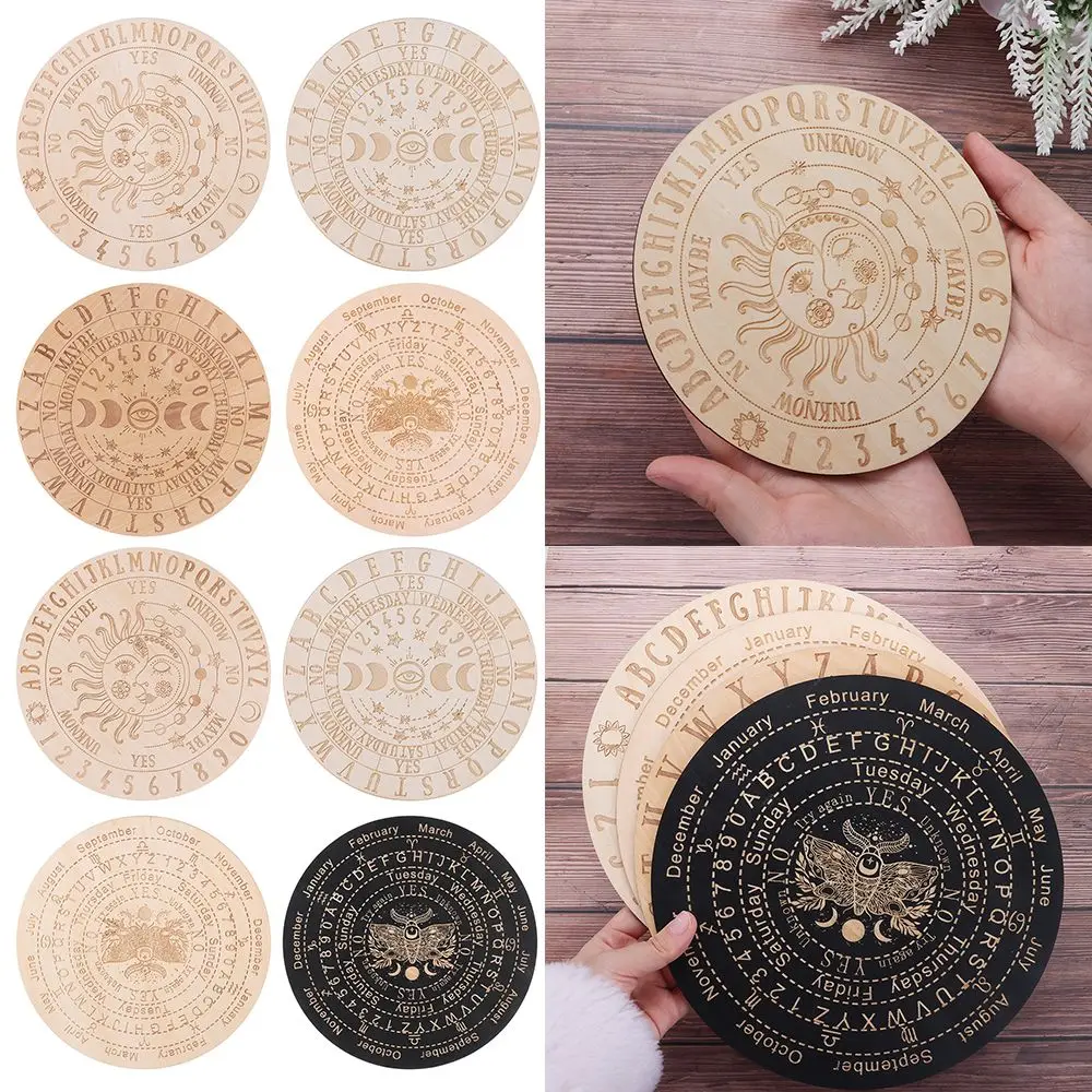 Crystal Hexagonal Pointed with Stars Sun and Moon Cat Pattern Slice Wood Base Black White Color Wooden Pendulum Board
