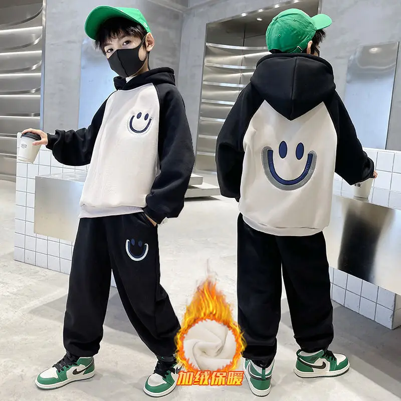 

Korean Boys Suit Sweatshirts Tops +Pants Cotton 2Pcs/Sets 2022 Warm Street Autumn Winte Sports Sets Tracksuit Children Clothing
