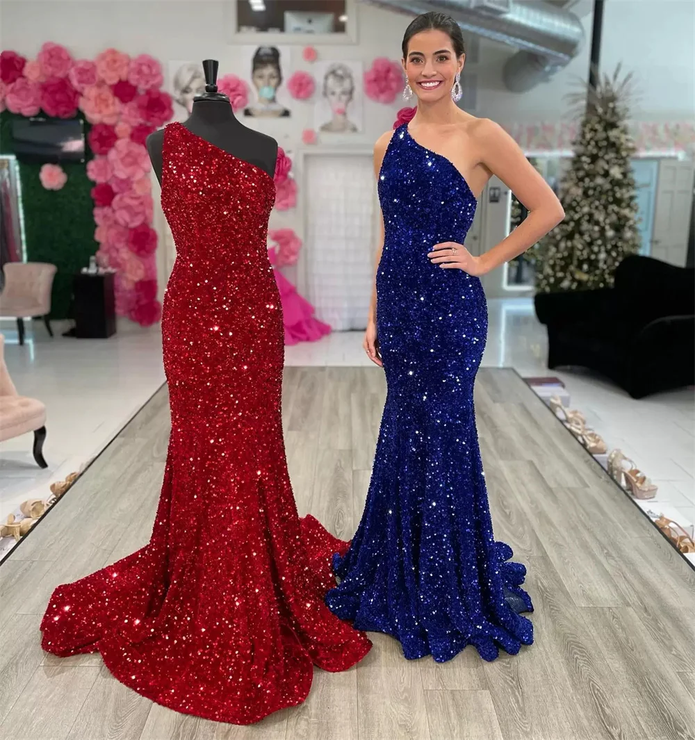 

Sparkle Sexy Mermaid Evening Dresses Long Sequined One Shoulder Prom Gowns For Formal Party Lady Pageant Cocktail Backless