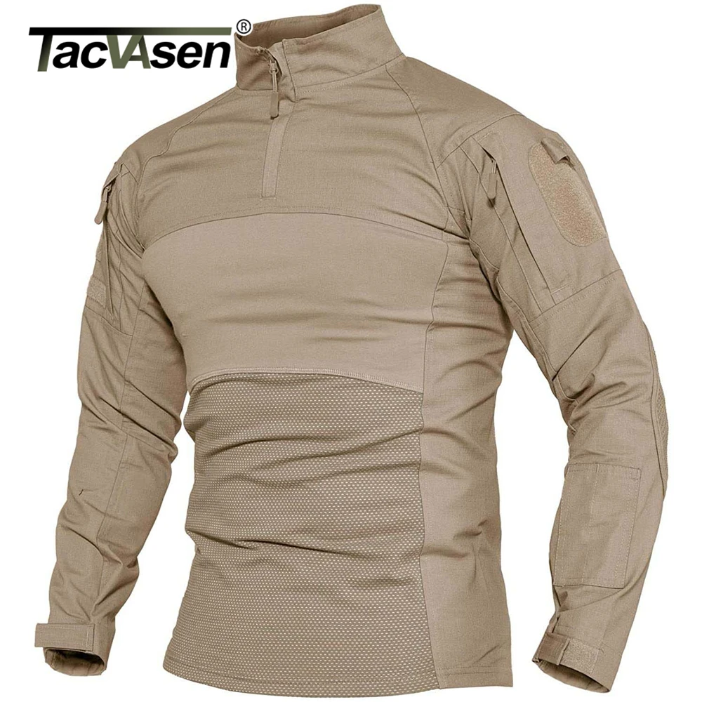 TACVASEN Mens Military Combat Shirts 1/4 Zip Long Sleeve Tactical Hunting Shirts Outdoor Hiking Army Shirts Casual Pullover Tops