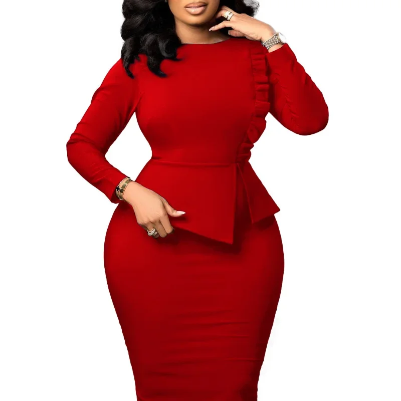 African Dress for Women Spring Bodycon Midi Daily Elegant High Waist Long Sleeve Robe