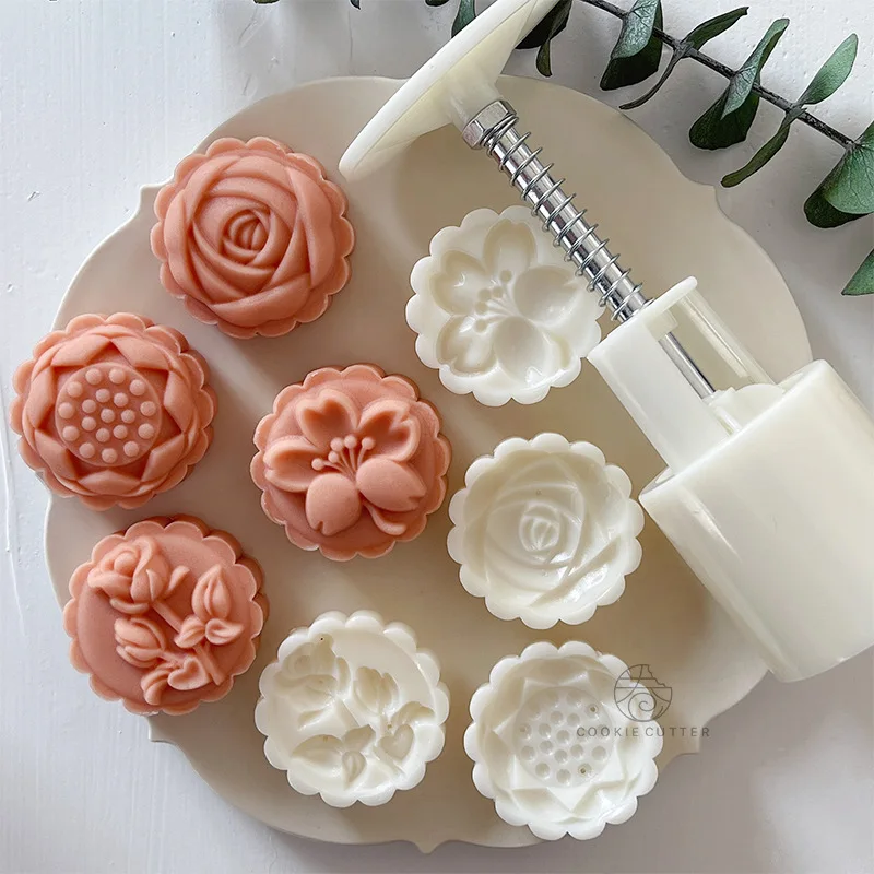 

4Pcs/sets of 50g moon cake mold tulip flowers rose blossoms lotus pattern stamp plunger fudge cake tools turn sugar cake mould