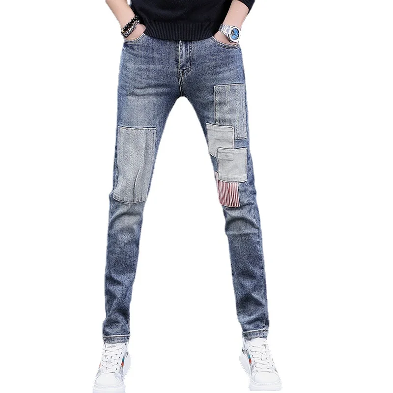 Fashion Striped Patchwork Jeans Men Autumn Casual Blue Slim Fit Straight Leg Denim Pants