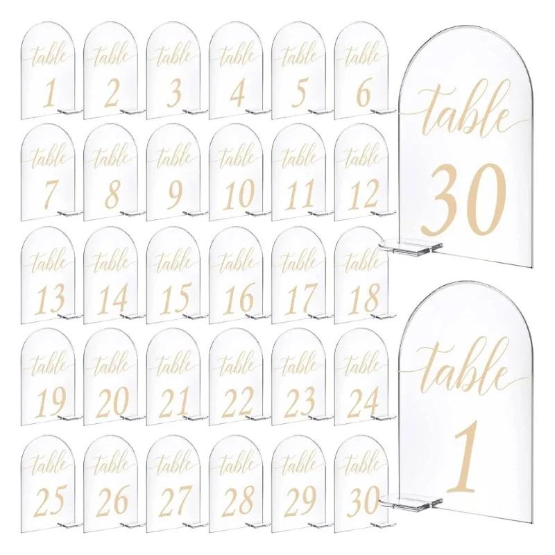 30pcs Arched Acrylic Sign 1-30 Table Signs Clear Table Number Display Stand for Wedding Reception Event Party Restaurant