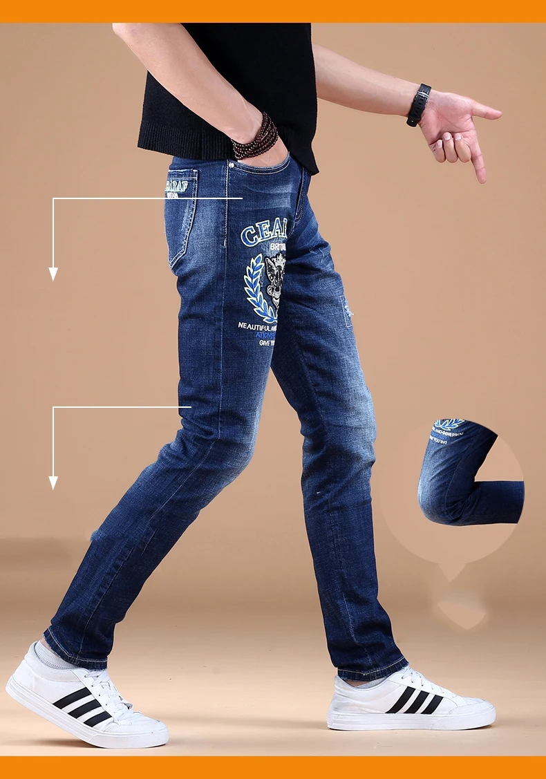 Designer Jeans Men Luxury Ripped Embroidered Spring Autumn New Slim Dark Blue Streetwear High-end Casual Youth Man Stretch Pants work jeans