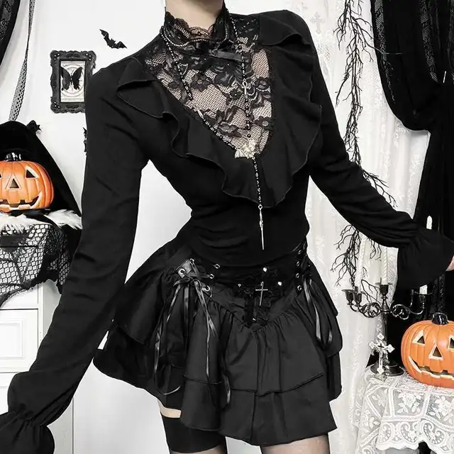 Gothic Dark Ruffle Lace Patchwork Blouse Slim Street Stand