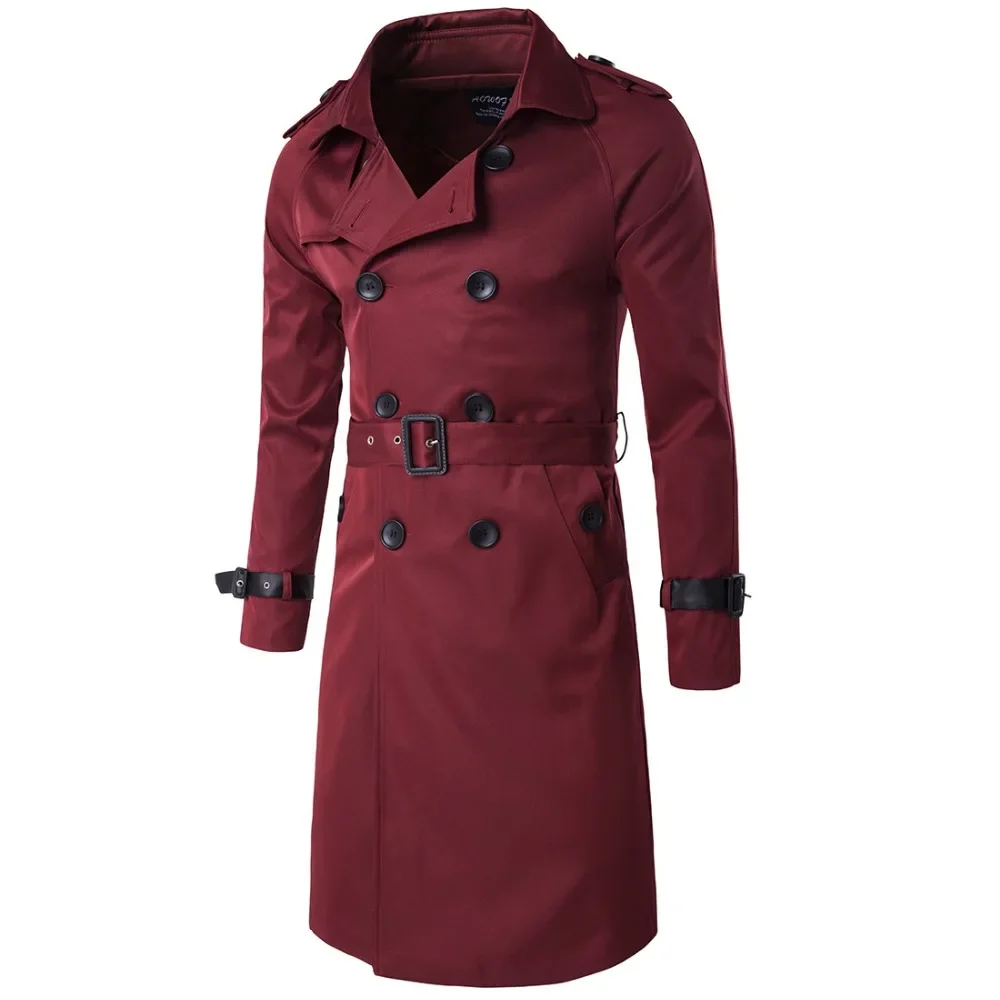 Schinteon Men Trenchcoat British Style Classic Trench Coat Jacket Double Breasted Long Slim Outwear Adjustable Leather Belt