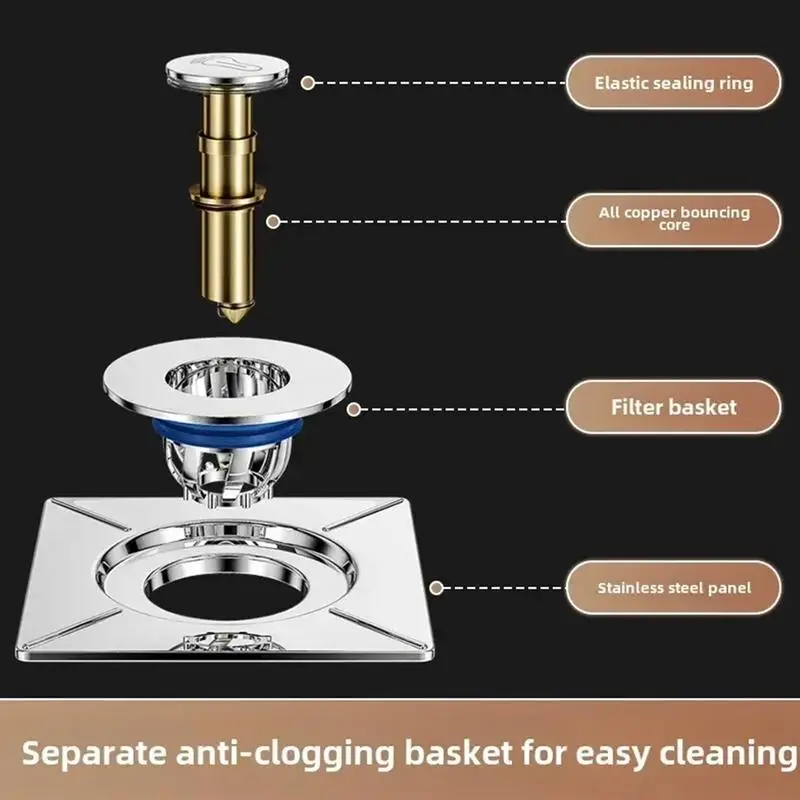 Shower Drain Plug Bathroom Drain Stopper Pop up Square Drain Strainer Tub Hair Catcher
