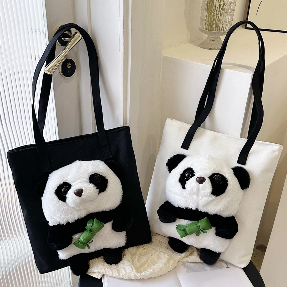 Canvas Tote Bag with Detachable Panda Crossbody Pouch