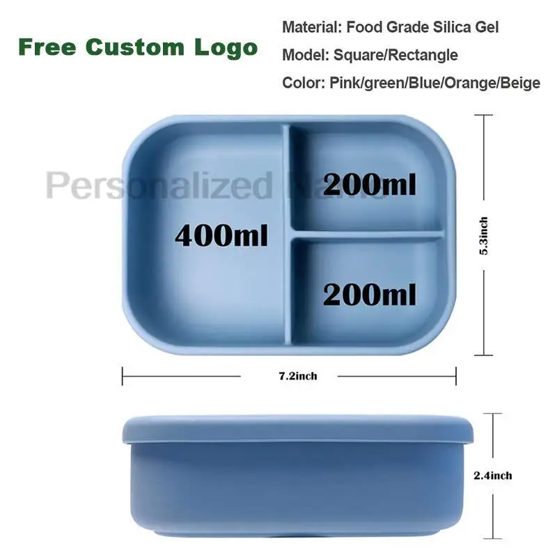 Silicone Lunch Box 3 Compartment Personalized Name Bento Box Leakproof Silicone Lunch Kids Divider Portable Picnic Food lunch box portable food storage box