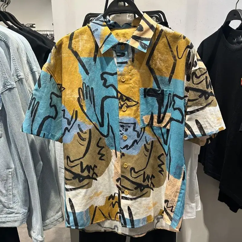 Summer New Turn-down Collar Fashion Short Sleeve Shirt Man High Street Casual Button Cardigan Loose Printing Y2K Youth Tops