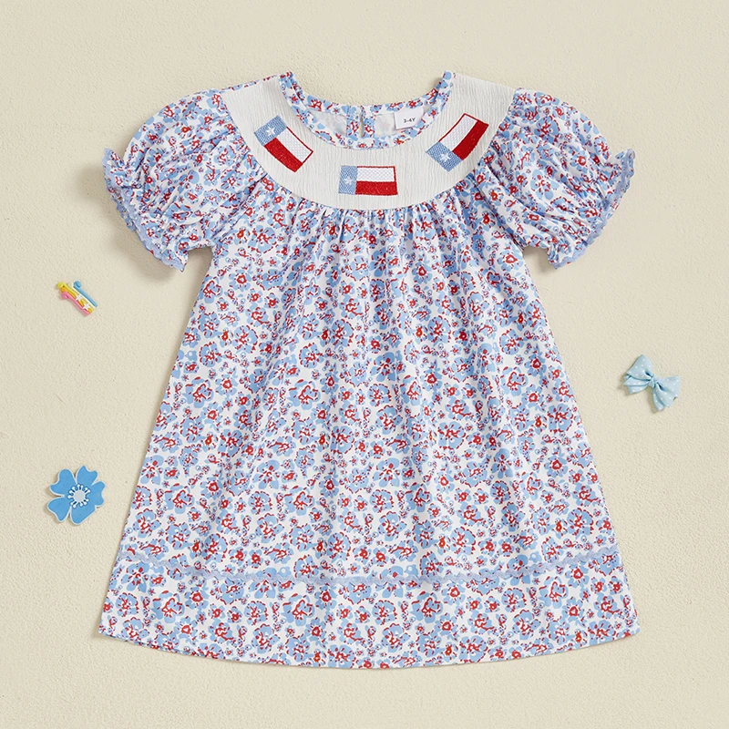 Girls Short Sleeve Crew Neck Floral Print Summer Dress Embroidered Casual Dress for Kids Cute Flower Patterned Clothing 1